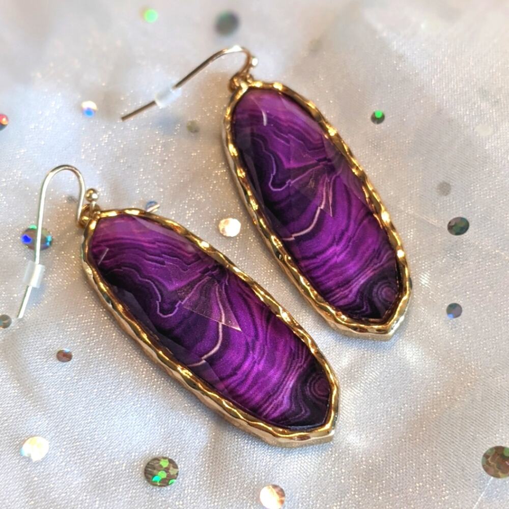 PURPLE Agate Look Oval Large Earrings with Gold Tone Hardware NEW
